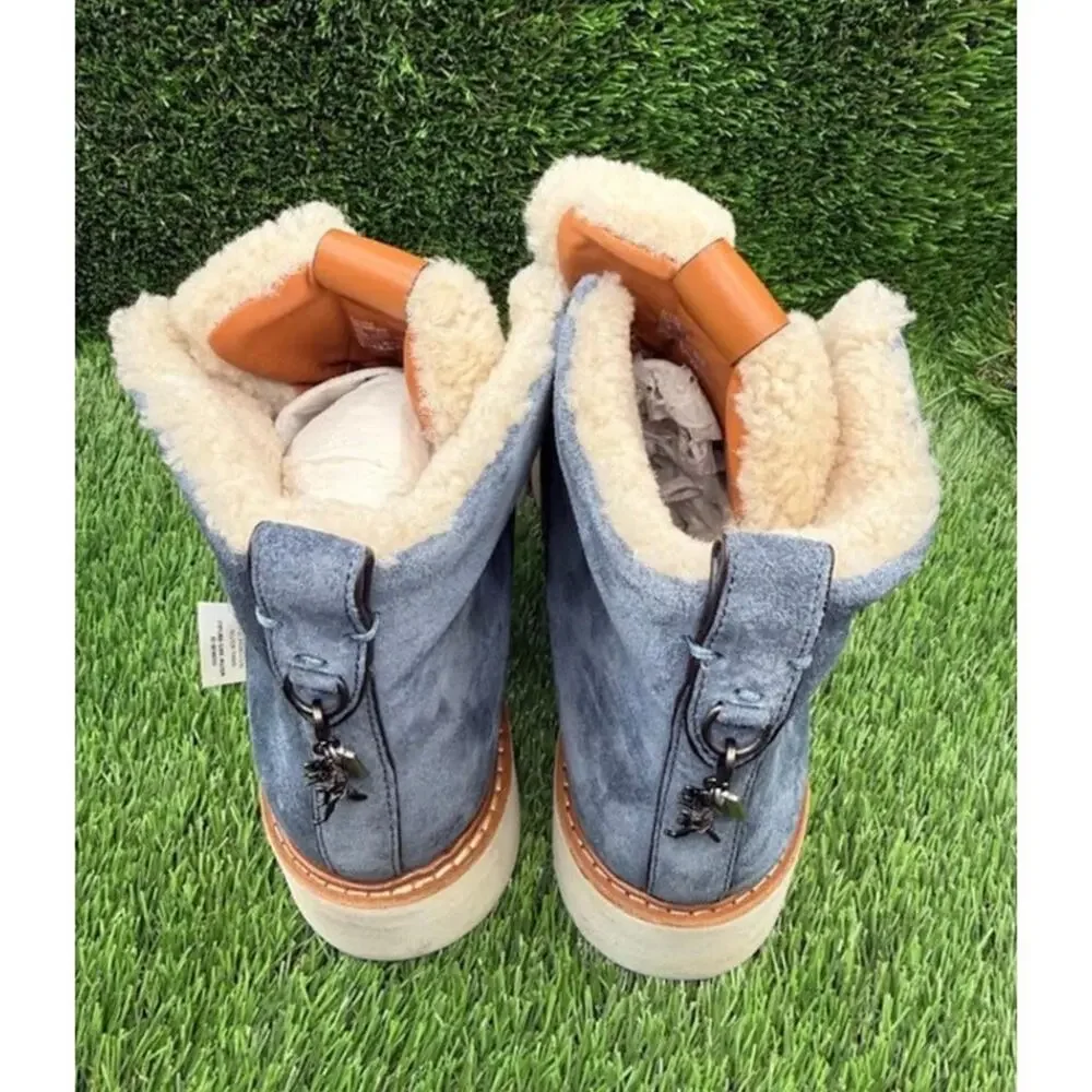 Coach Women’s Urban Hiker Blue Denim Suede Shearling Boots G1354 – Size 10
